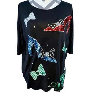 Bali Moon Vintage Black Short Sleeve High Heels Sequin Top